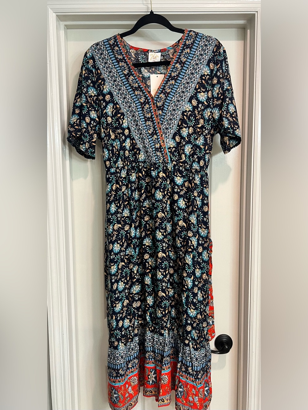 NWT Boho Border Print Midi Dress Floral, V-Neck, Tie Waist, A-Line Size XXL